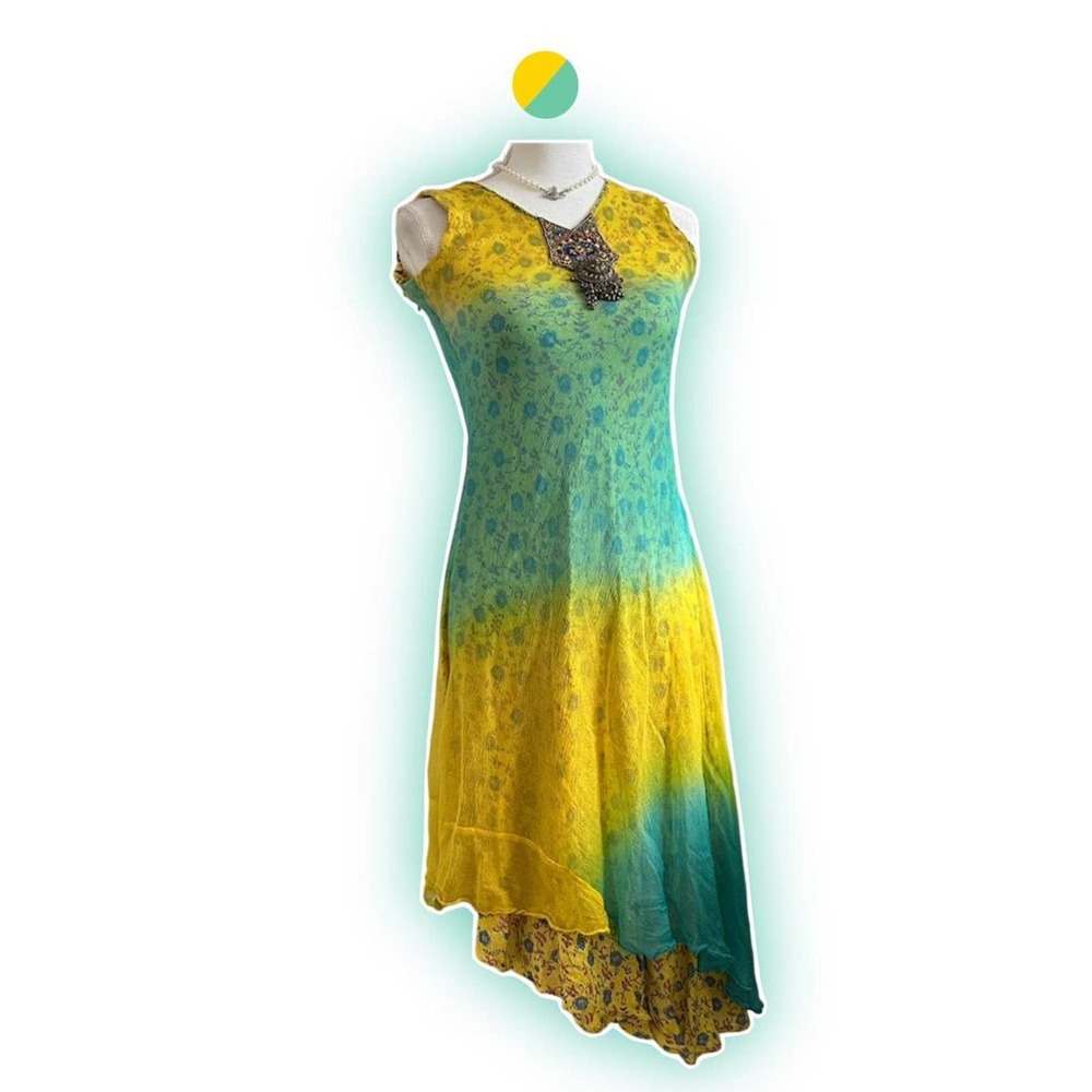 Fairy core goblin core y2k yellow and teal floral asymmetrical dress